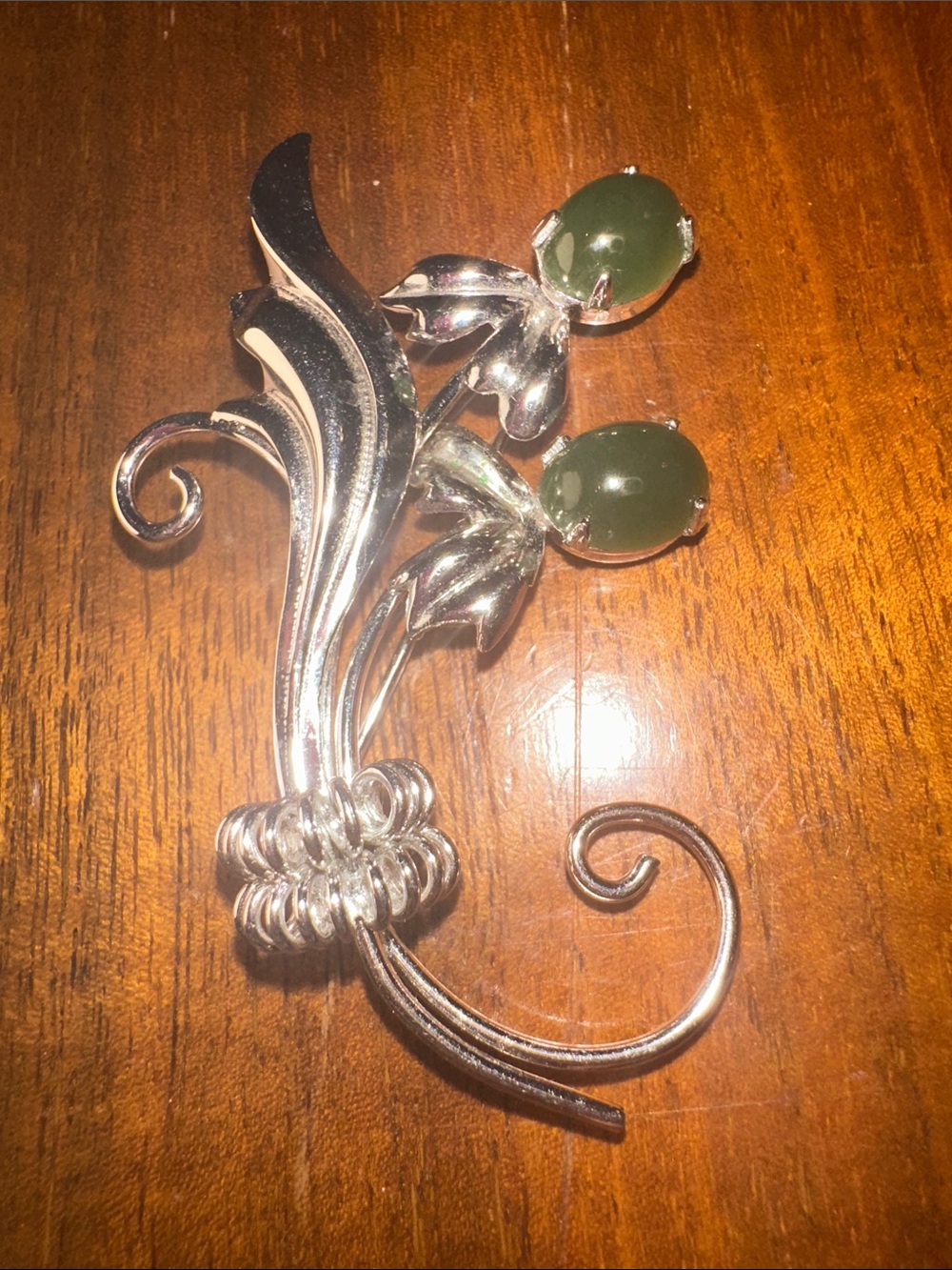 Vintage Sorrento Sterling Silver Floral Brooch with Jade Cabochons